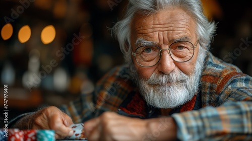 old man playing pocker and holding playing cards