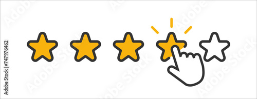 Five yellow stars with clicking mouse hand. Quality rank icon. Customer feedback concept. Vector