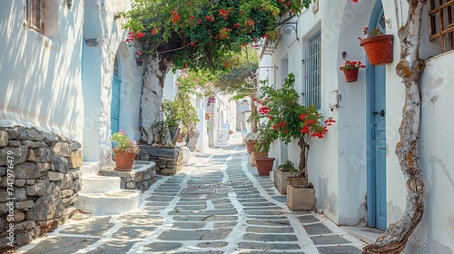 Greece  Cycladic architecture in a Greek island village. Paved alley  pink bougainvillea 