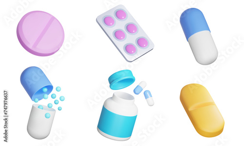 Pharmacy, 3d icon set. Drug pills, capsules and tablets. 3D object on a transparent background