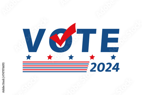 Vote political poster. 2024 United States presidential election. Patriotic colors banner with slats and checkmark. Vector illustration