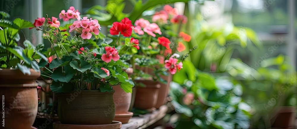 A row of potted plants, including flourishing geraniums, sitting neatly on top of a window sill. These plants showcase vibrant colors and lush foliage against the backdrop of the window.