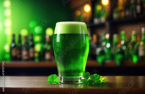 Green beer on bar counter for irish St patricks Day celebration