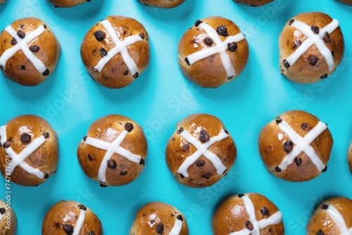 Festive Easter hot cross buns with raisins on blue background. Top view. Traditional British food.