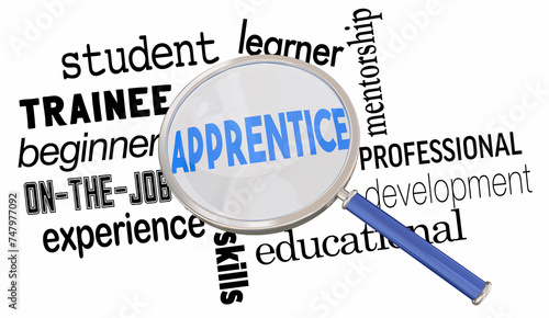 Apprentice Magnifying Glass Professional Development On Job Learning Skills 3d Illustration