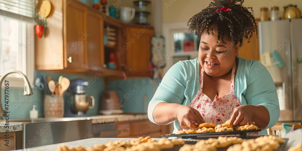 African American woman with Down syndrome baking cookies in her kitchen. Learning Disability