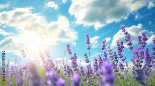 Close-up of lavender flowers against a blue sky. Aromatherapy and organic cosmetics concept. Generative AI