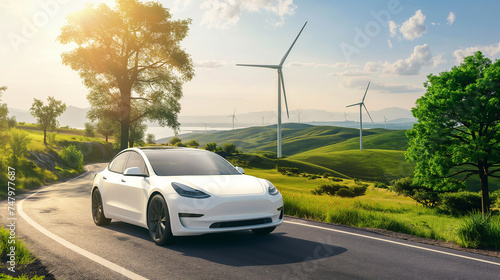 Electric car on the road in the countryside, driving on sunny day near windmills on green hills. Modern white automobile on clean energy. Eco-friendly technology, sustainable life, reduce pollution