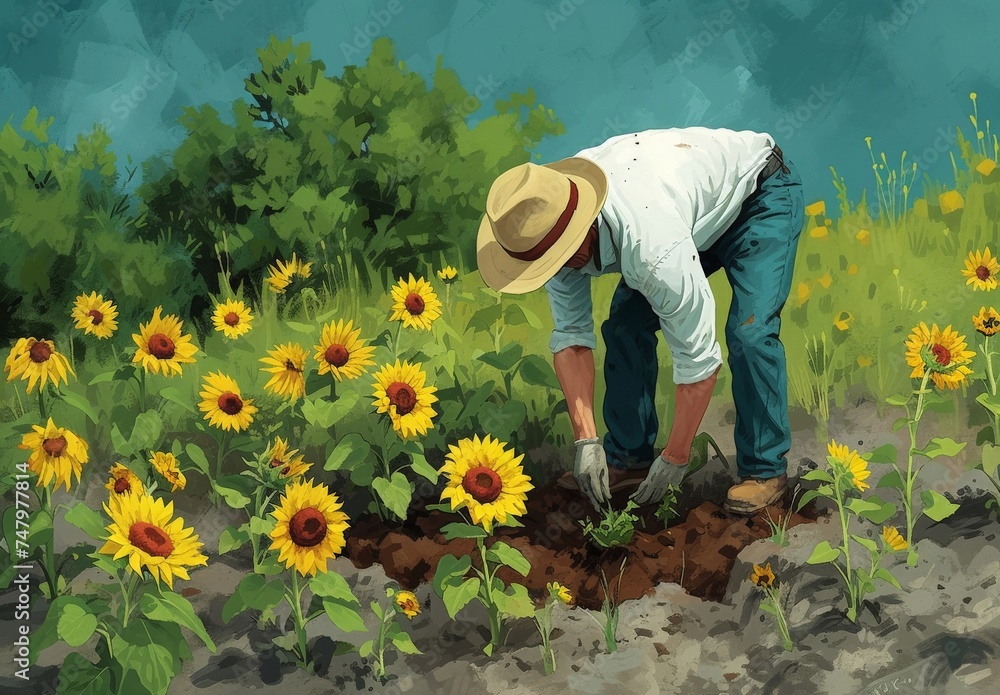 Man laboring in sunflower field under the summer sun, surrounded by vibrant yellow blooms