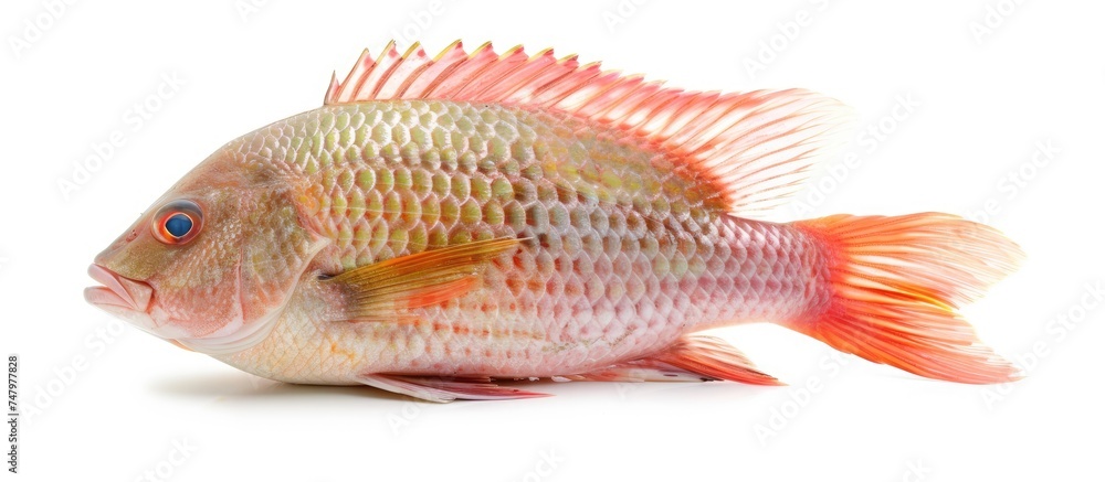 A fresh tilapia fish with red and white colors is displayed on a plain white background, highlighting its vibrant appearance and freshness. A fresh tilapia fish with red and white colors is displayed on a plain white background, highlighting its vibrant appearance and freshness.