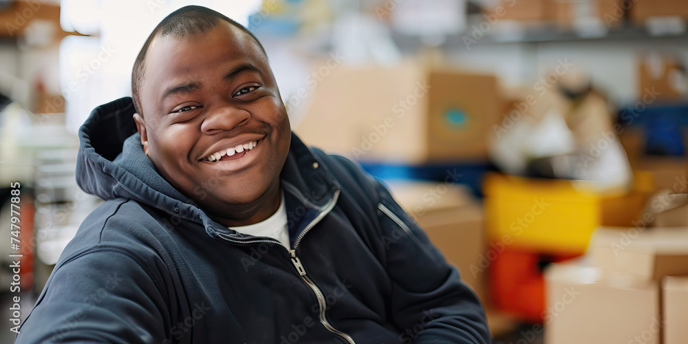 African American man with Down syndrome volunteering at a local shelter. Learning Disability African American man with Down syndrome volunteering at a local shelter. Learning Disability