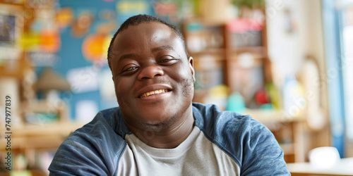 African American man with Down syndrome volunteering at a local shelter. Learning Disability