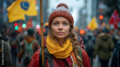A young woman with a flag standing in front of a crowd of marchers. Concept: Civic engagement, political participation, youth movement.