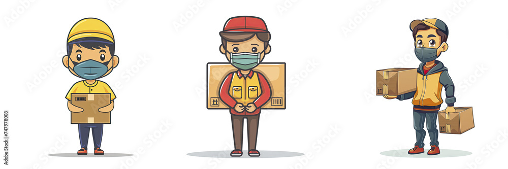 Courier Delivery Package With Mask Cartoon, Isolated Transparent Background Images