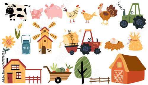 Farm elements set. Collection farm animals, Agricultural machinery, mill, pickup, barn, tractor. Agriculture and agricultural. Vector illustration. © PawLoveArt