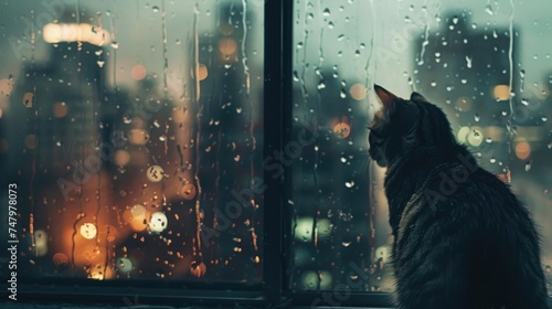 Sad depressed cat looking at rainy window. Alone pet wait for his owner. Lonely sad kitty. Blur background. Bad weather concept. Animal sit at comfort home while pouring rain. photo