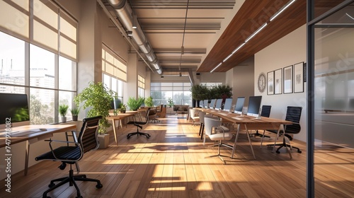 a large office with computers and plants