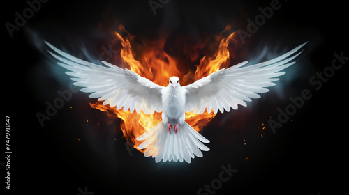 Flying White Dove with Fire Effect on Dark  photo