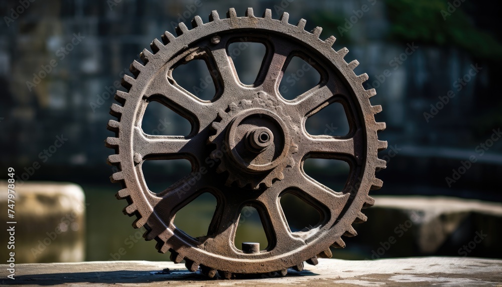 Fototapeta premium Old cast iron gear of the early 19th century on the dam