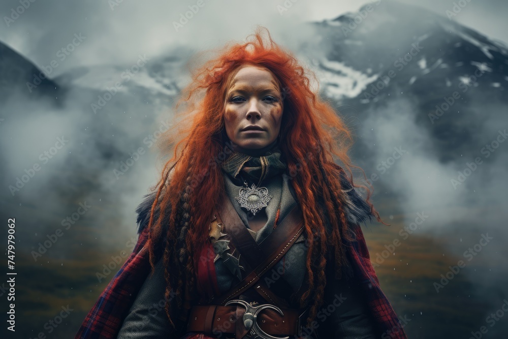 Mystic Heritage: The Enigmatic Presence of a Scottish Highland Priestess, Her Red Hair Reflecting the Fire of Ancient Celtic Rituals and Traditions. - obrazy, fototapety, plakaty 