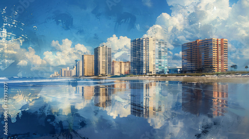 Seaside highrises reflected by tidewaters along photo