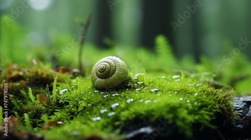 Macro close-up of snail in forest on blurred defocused background with copy space