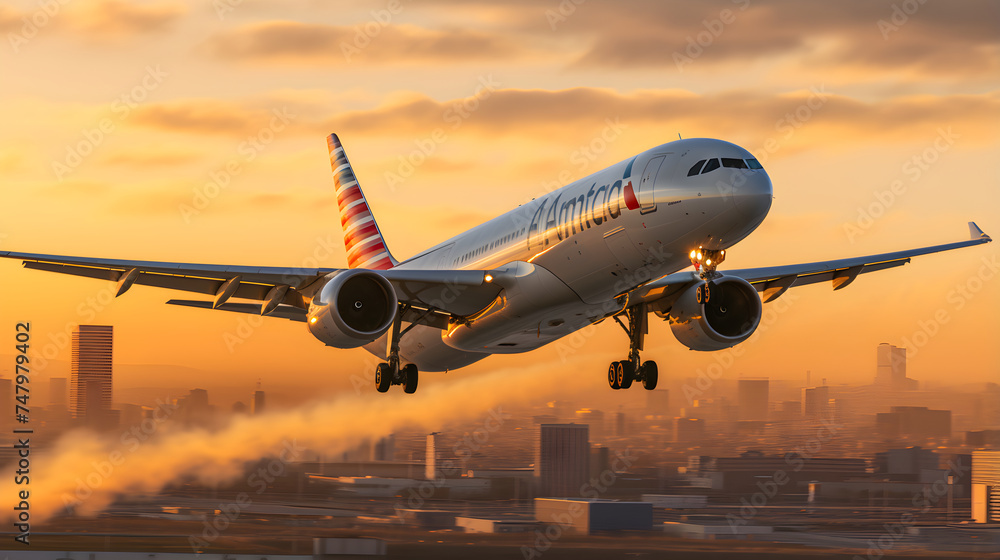 Fototapeta premium Takeoff at Twilight: Capturing an American Airlines Flight Against an Auburn Sky