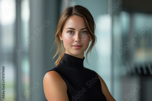 Beautiful businesswoman in chic tailored suit at a modern corporate office