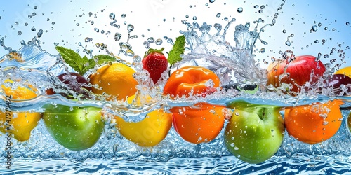 Fruits and vegetables in water, washing process, ecological, clean, background, wallpaper.