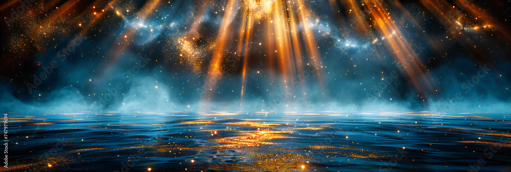 Fototapeta premium Magical Glowing Light with Gold Bokeh, Festive Christmas or Party Background, Shiny Starry Night Design