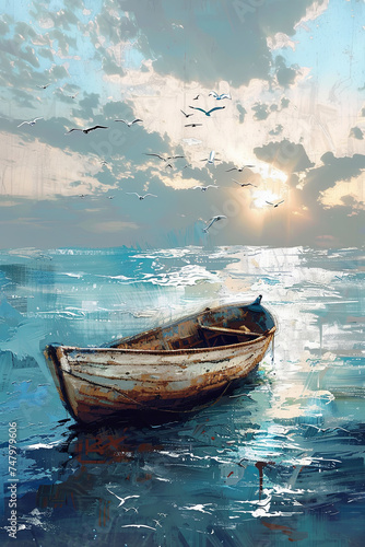 Oil painting of a boat on the sea