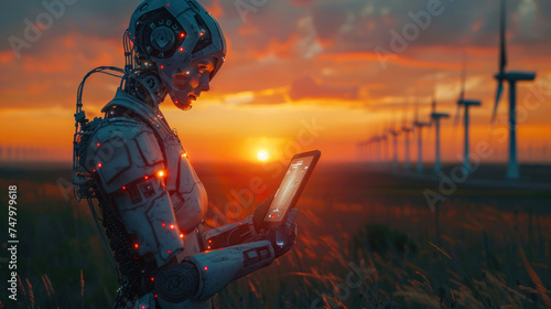 Silhouette of a futuristic robot engaged with a digital tablet, with wind turbines and a vibrant sunset backdrop