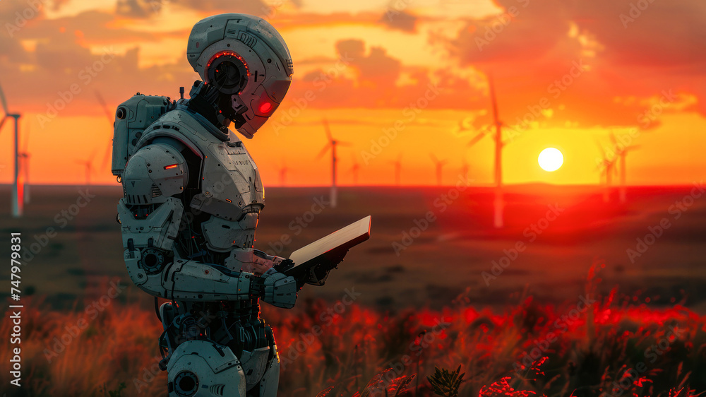 A humanoid robot engrossed in reading a book in a wildflower field during a beautiful sunset with wind turbines in the background A humanoid robot engrossed in reading a book in a wildflower field during a beautiful sunset with wind turbines in the background
