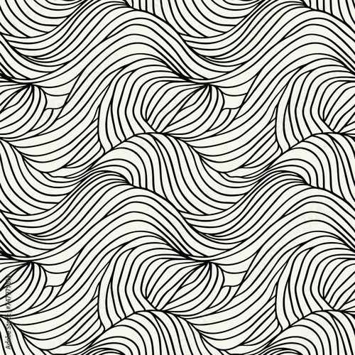 Vector seamless pattern. Stylised ocean waves. Hand drawn graphic sea waves. Tileable monochrome swatch.