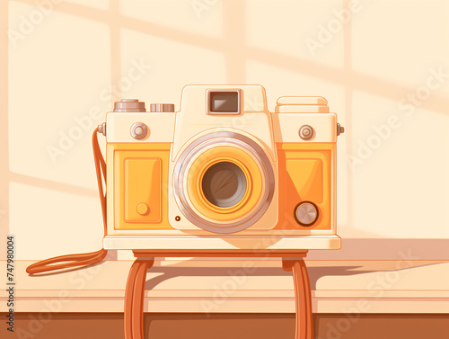 a yellow camera on a stand photo