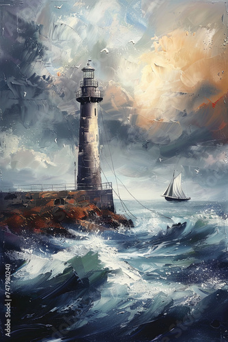 Oil painting of a boat and a lighthouse