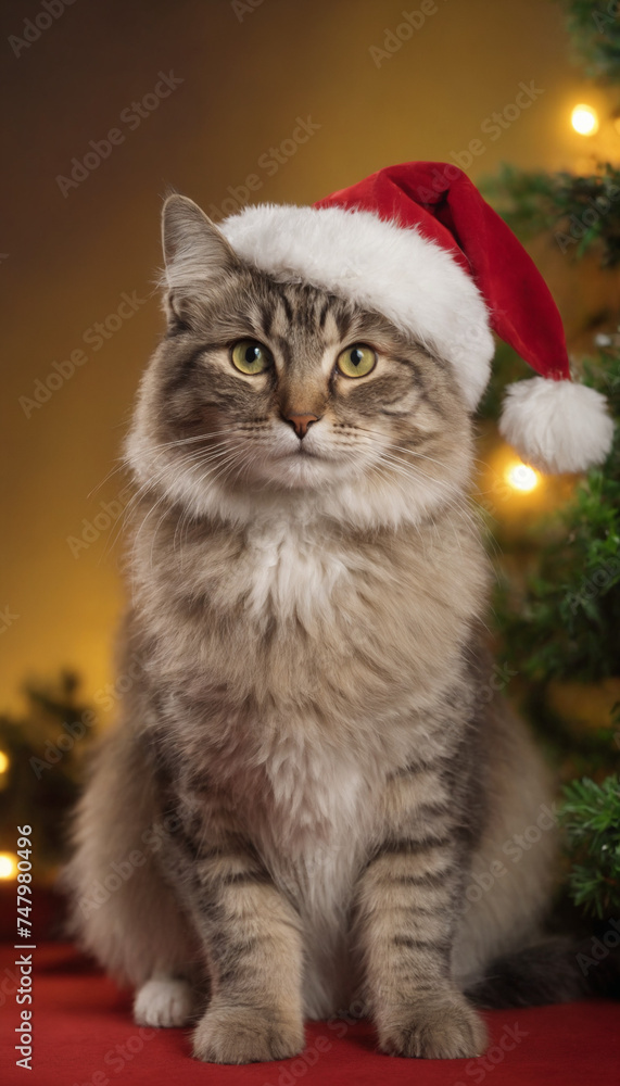 Fluffy Siberian cat in a Santa Claus hat against the background of a Christmas tree Fluffy Siberian cat in a Santa Claus hat against the background of a Christmas tree