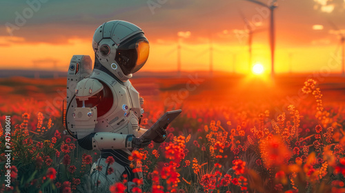 A robot in an astronaut suit uses a tablet, standing in a field of flowers at golden hour, with wind turbines in the distance photo