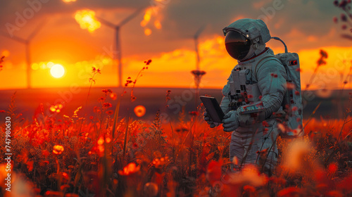 An astronaut, capturing the beauty of sunset amidst a red flower field, seemingly contemplating, holding a tablet