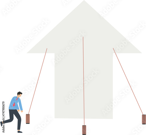 Stable growth and financial stability, Two businessmen use a rope to fix the upward growth arrow concept,
