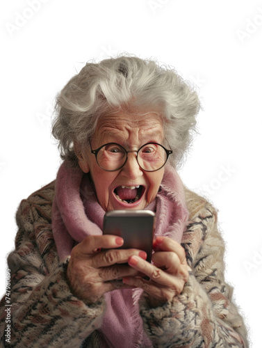 Elderly woman with surprise emotion when looking mobile phone