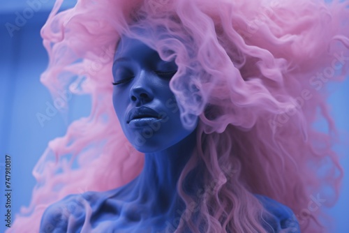 a woman with pink hair and blue smoke