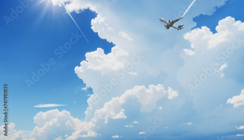 Watercolor Illustration Background of Blue Summer Sky and Airplane Clouds photo