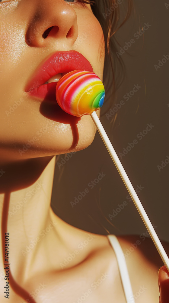 Close-up of beautiful girl's lips holding lollipop. Light background. Strong shadows. Aesthetic concept. Generative AI Close-up of beautiful girl's lips holding lollipop. Light background. Strong shadows. Aesthetic concept. Generative AI