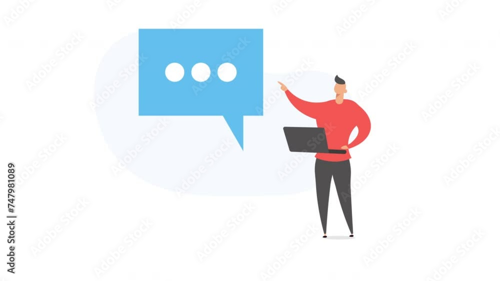 Man with laptop and speech bubble. motion animation in flat style Man with laptop and speech bubble. motion animation in flat style