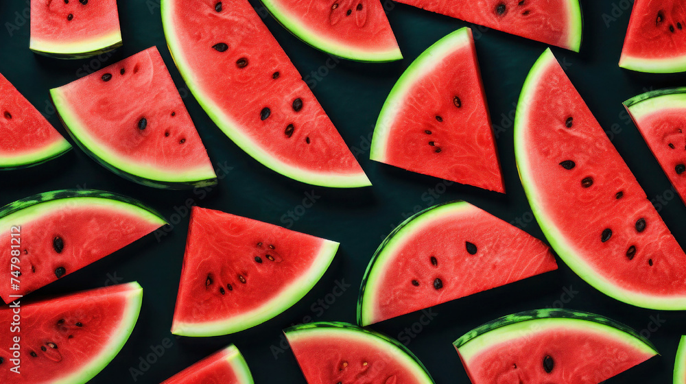 Background pattern with watermelons. Watermelon slices on a black background. Background with small watermelons. Background pattern with watermelons. Watermelon slices on a black background. Background with small watermelons.