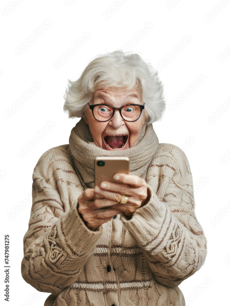 Elderly woman with surprise emotion when looking mobile phone Elderly woman with surprise emotion when looking mobile phone