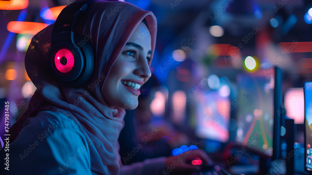 muslim lady with scarf and headphones playing video game muslim lady with scarf and headphones playing video game
