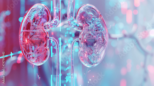 Light 3d futuristic glass model of human kidneys, nephrology healthcare concept. Scientific research. Generative AI photo