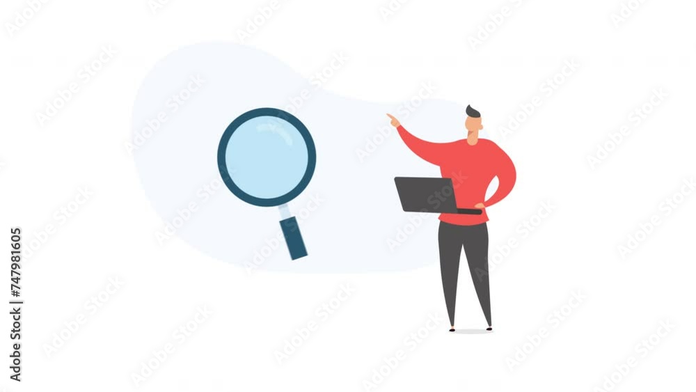 Man with magnifying glass and laptop. motion animation in a flat style Man with magnifying glass and laptop. motion animation in a flat style